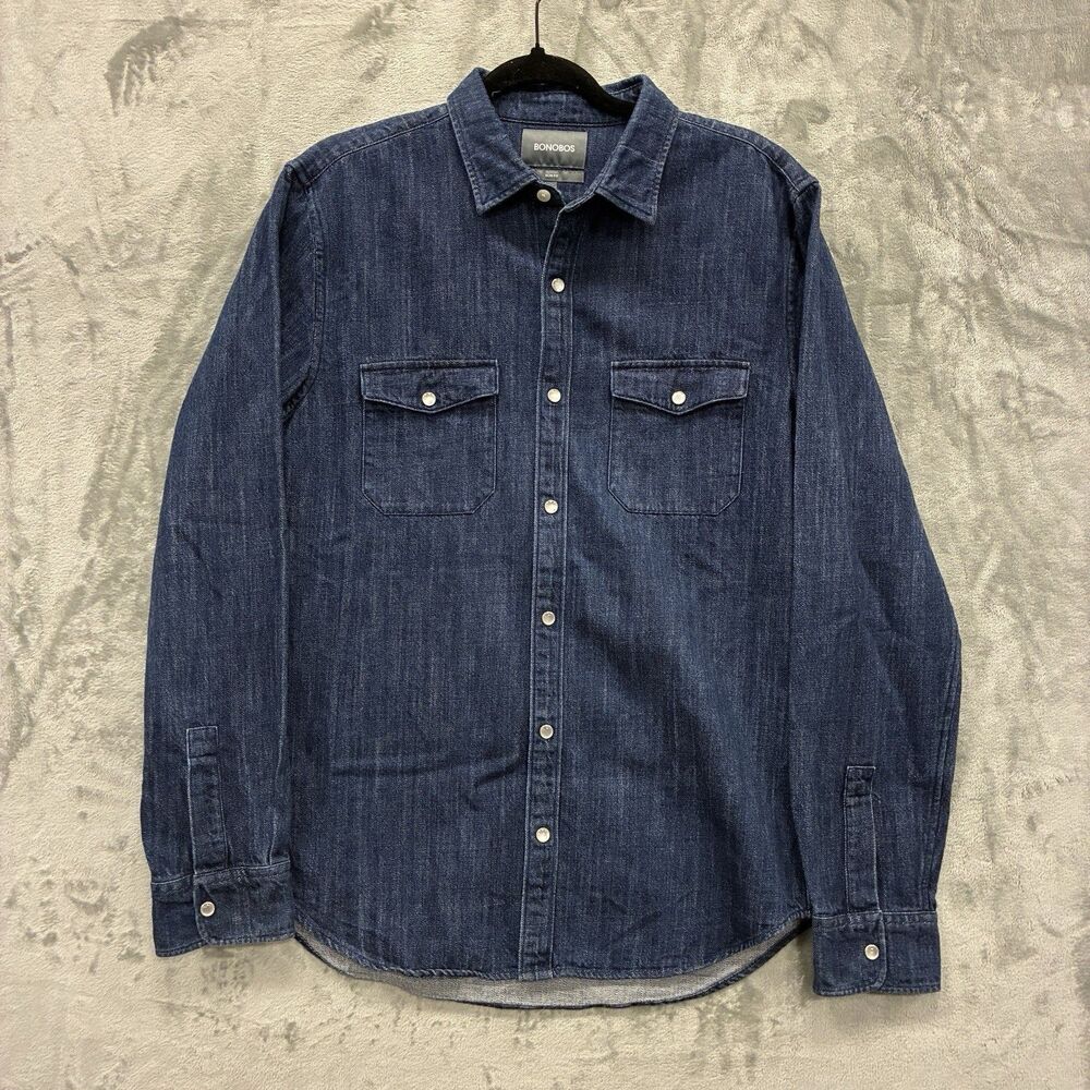Bonobos Denim Shirt Men's M Slim Fit Pearl Snap Blue Medium Wash Wester Cowboy